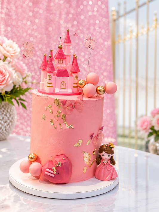 Elegant Pink Princess and Castle Cake